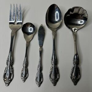 Vintage Ornate Floral Silverware Set 5 Pieces Serving Utensils Elegant Dining